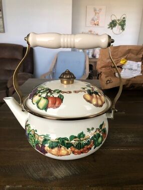 Cream Fruit-Patterned Ceramic Teapot with Brass Accents
